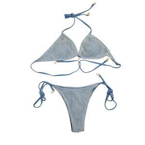 Blue & White Zaful Womens Bikini Set Size S Tie Closures Mesh Overlay Design
